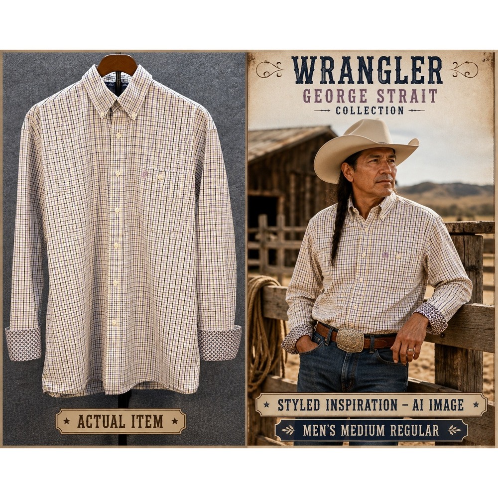 Wrangler George Strait Shirt Mens Plaid Button Down White Purple M VGUC‎ Western